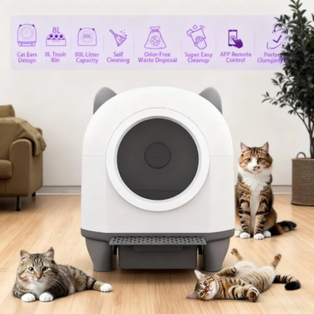 APP Controlled Cat Litter Box - 80L, Automatic Self Cleaning, No Scooping